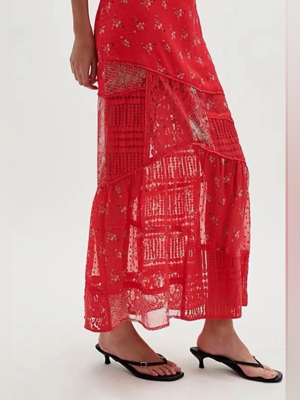 Free People Daniella Lace Skirt in Poppy Red XS Floral Birds Sheer - Picture 2 of 3